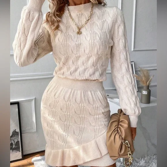 Cozy coffee brown ruffle hem cable knit sweater dress - Picture 5 of 16